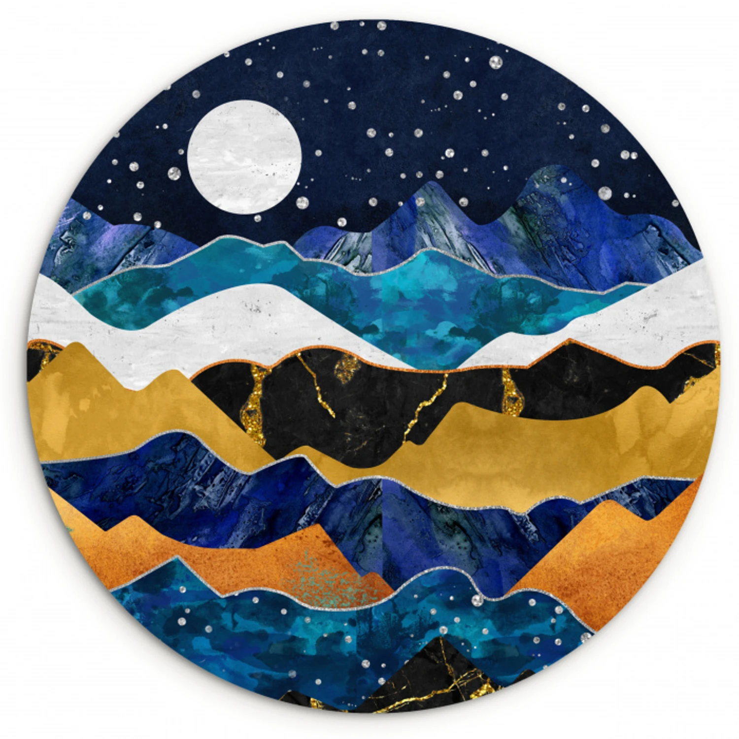 Nacht - Goud - Marmer - Abstract - Landschap - Berg Wandcirkel kunststof plaat 5mm dik klein -3d