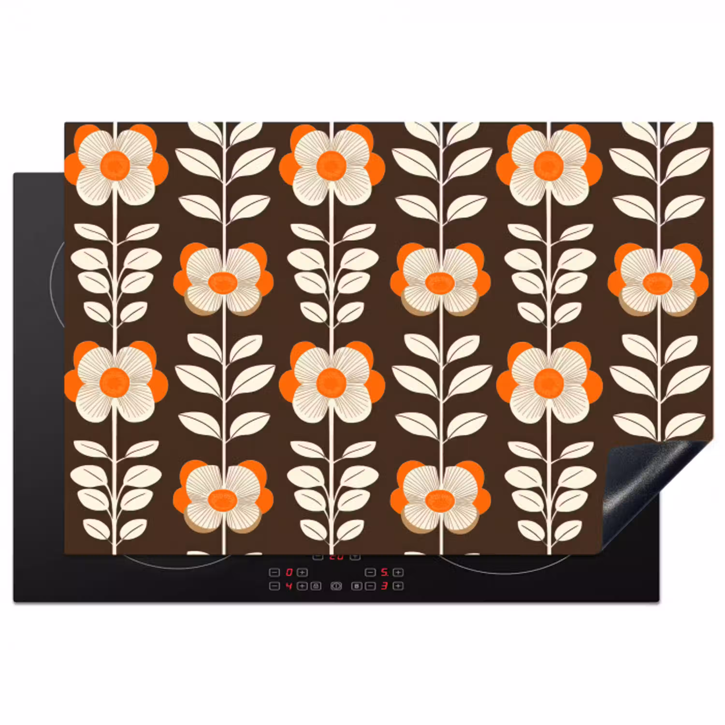 Bloemen - Retro - Bruin Inductie beschermer vinyl 3mm klein 276 -3d