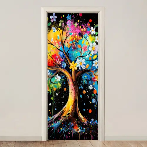 Boom - Kleurrijk - Bloemen - Zwart deurposter klein -3d_beige