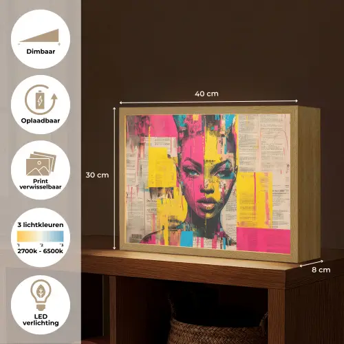 Vrouwengezicht - Krantenpapier - Abstract - Roze Light Box met batterij (Wandlamp) middel -USP_websiteoverzichtNL