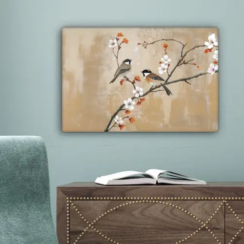 Vogels - Bloesemtak - Bloemen - Oranje canvas 2cm klein -sfeer4