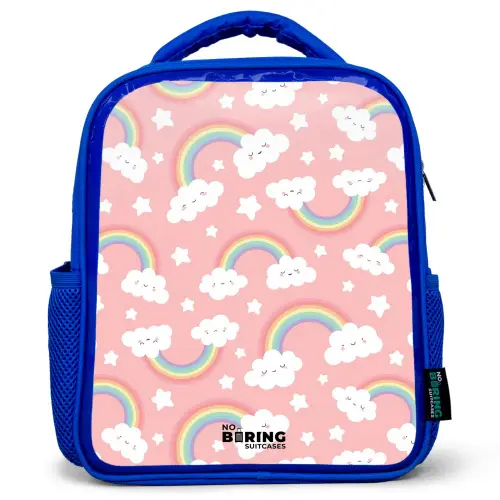Roze met regenboog patroon Kinderrugzak - Blauw middel -3d