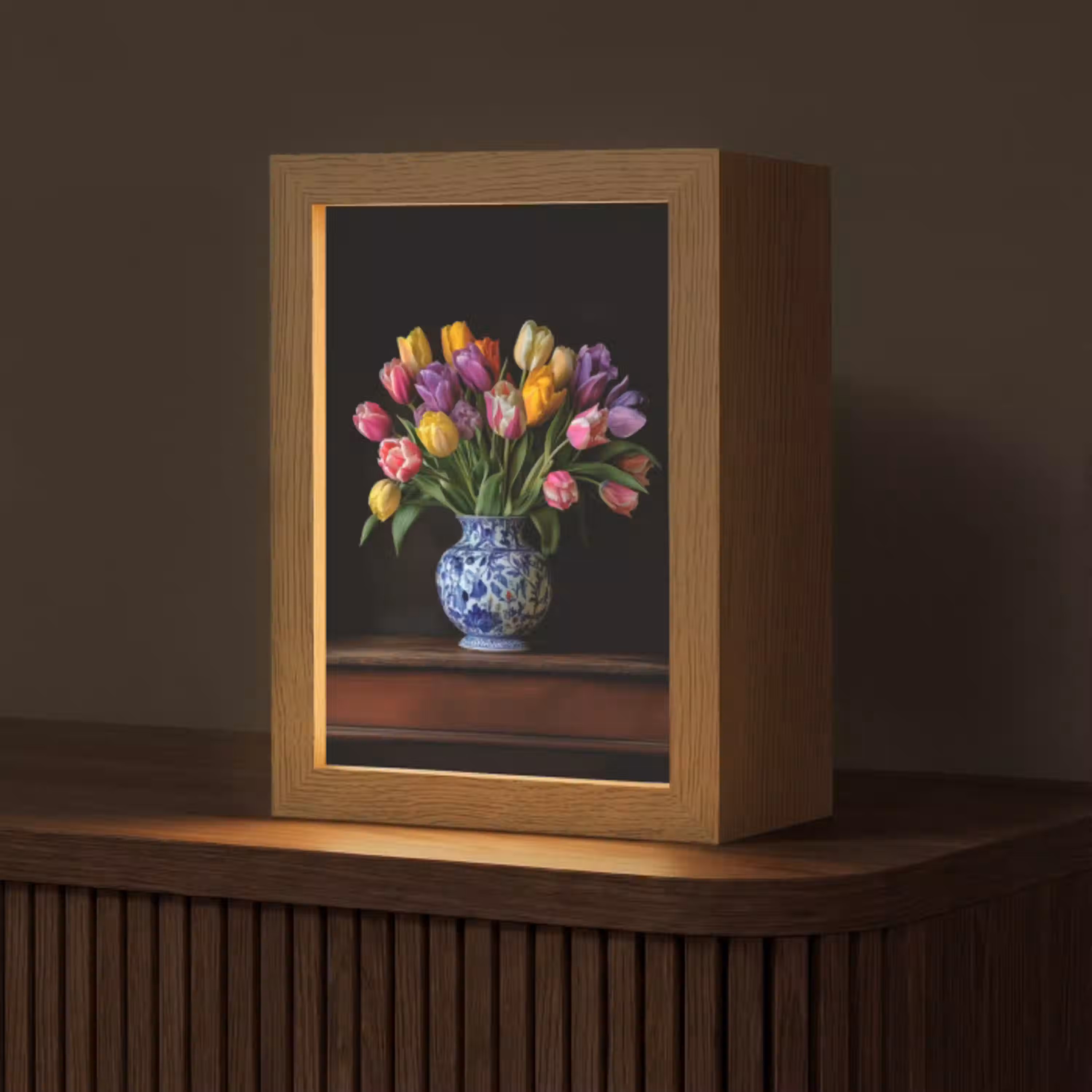 Tulpen - Kleuren - Hout - Vaas Light Box met kabel (Tafellamp) klein -z3d_website