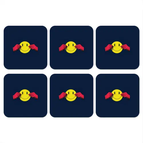 Smiley - Geel - Handen - Minimalistisch onderzetter kurk middel -3d