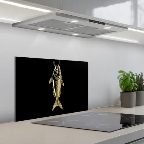 Goud - Vis - Haak - Zwart keuken achterwand spatscherm klein -3d_schuin