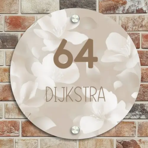 Beige bloemen - Modern Naambord Rond klein -sfeer2