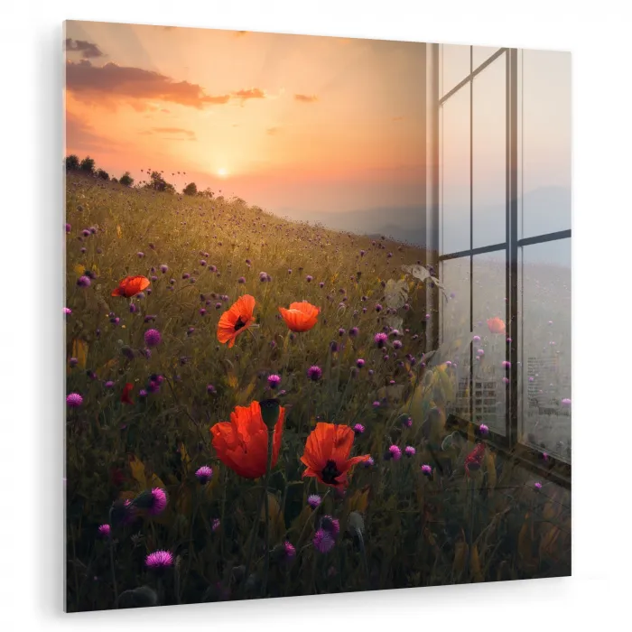 Bloemenveld - Gras - Bloemen - Planten - Zonsondergang - Oranje plexiglas 5mm klein -zzzproduct_nieuw
