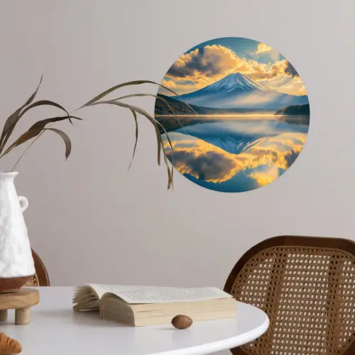 Berg - Rivier - Zonsondergang Wandcirkel behangsticker klein -sfeer3