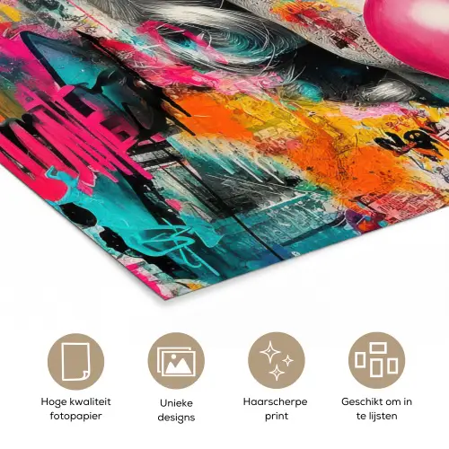 Vrouw - Kauwgom - Graffiti - Neonkleuren poster papier klein -closeup_NL