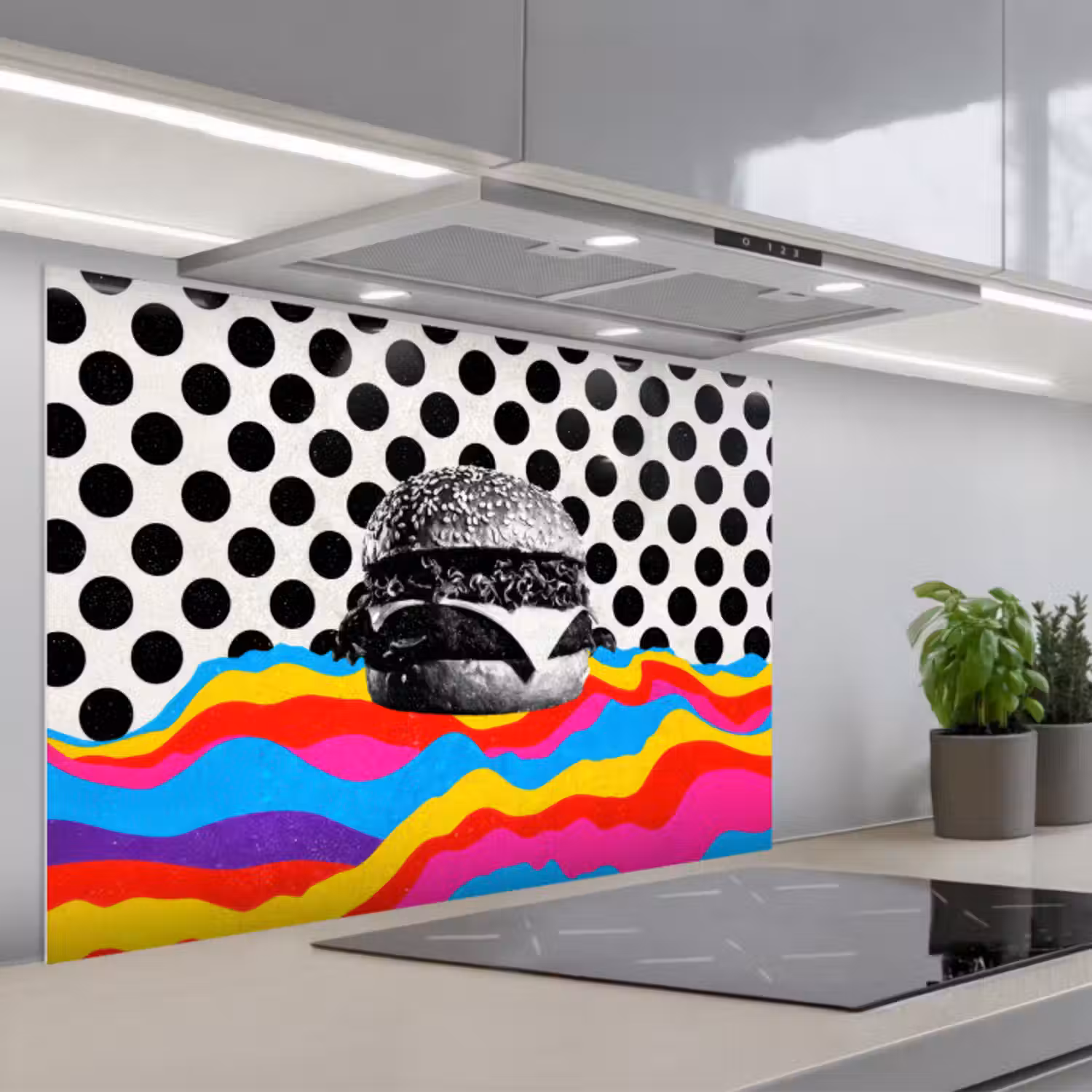 Spatscherm keuken - Hamburger - Stippen - Golven - Kleuren