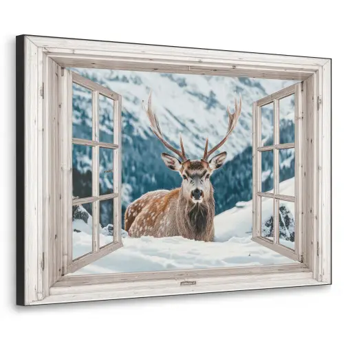 Hert - Winterlandschap - Natuur - Dieren - Doorkijk - Bergen Textielframe - compleet frame klein -3d