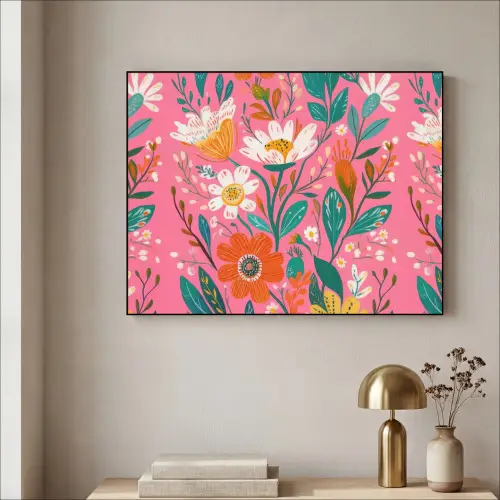 Roze - Bloemen - Wit - Oranje Textielframe zwart klein -sfeer2