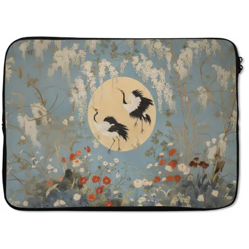 Kraanvogels - Maan - Bloemen - Blauw laptophoes neopreen klein -zkaufland3dotto