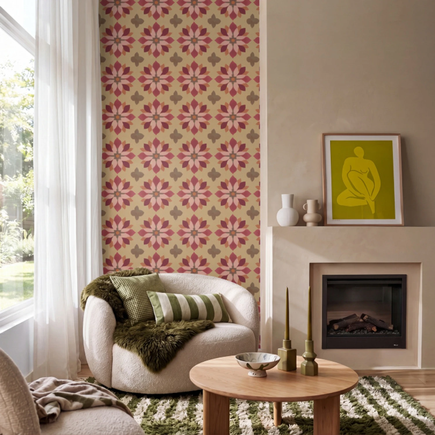 Bloemen - Retro - Groen Behang Vinyl klein 1060 -sfeer2