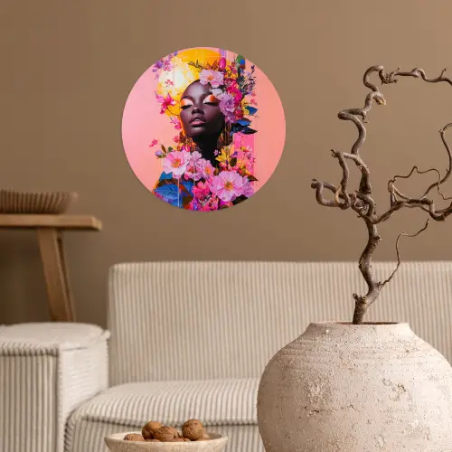 Kleurrijk - Bloemen - Vrouw - Zon Wandcirkel behangsticker klein -sfeer1