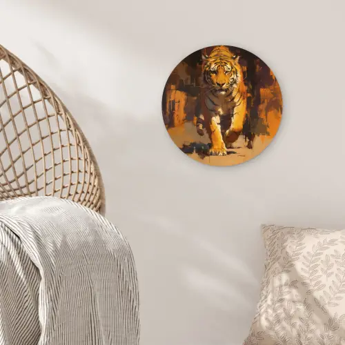 Tijger - Geschilderd - Oranje - Penseelstreken Wandcirkel plexiglas klein -sfeer5