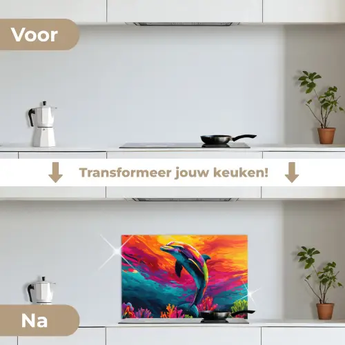 Dolfijn - Kleurrijk - Oceaan - Koraal keuken achterwand spatscherm klein -voor_na_NL