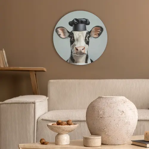 Koe - Zwart - Wit - Kok Akoestische PET Vilt - Rond klein -sfeer1