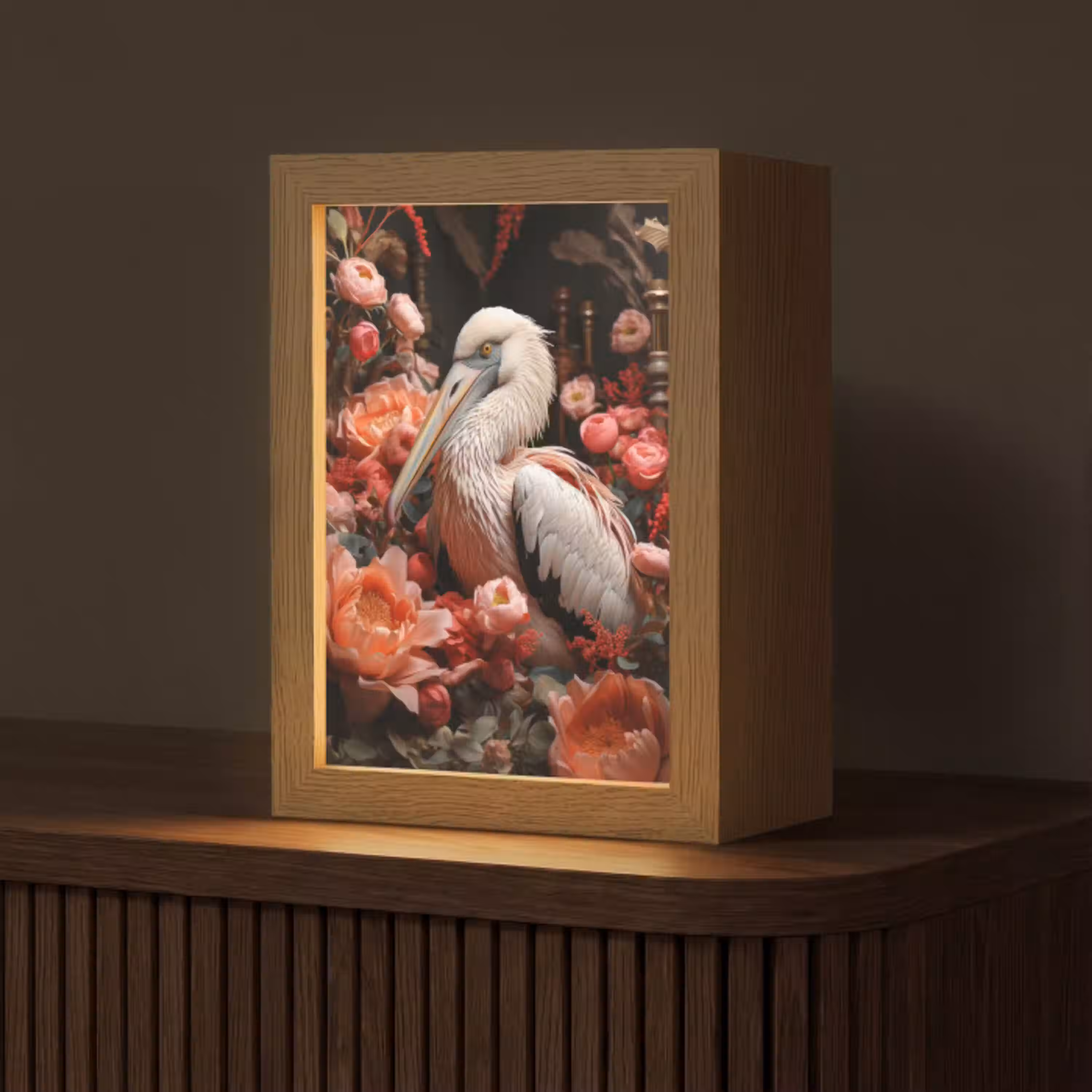 Pelikaan - Dier - Bloemen - Natuur - Botanisch - Roze Light Box met kabel (Tafellamp) klein -z3d_website