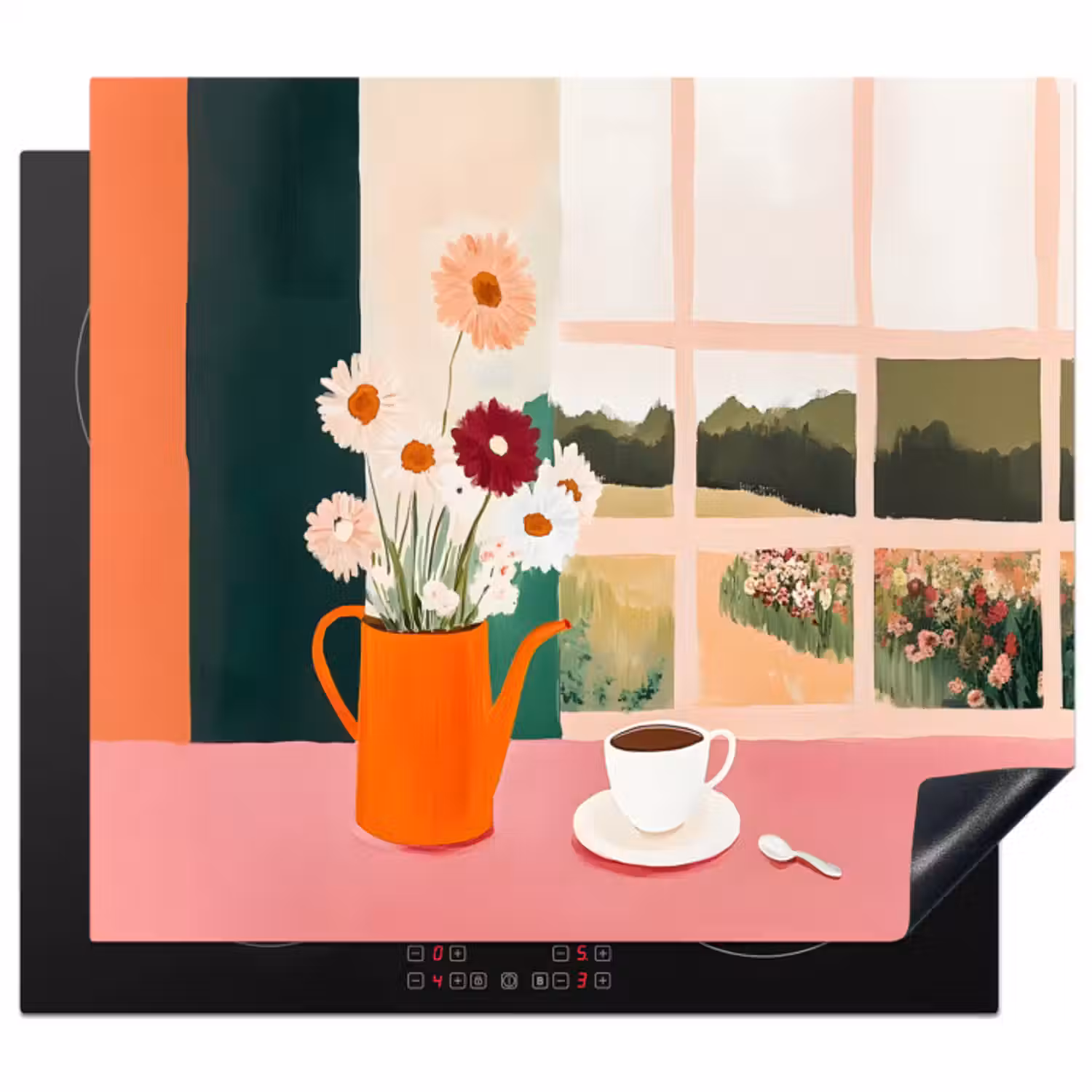 Inductie beschermer - Bloemen - Koffie - Raam