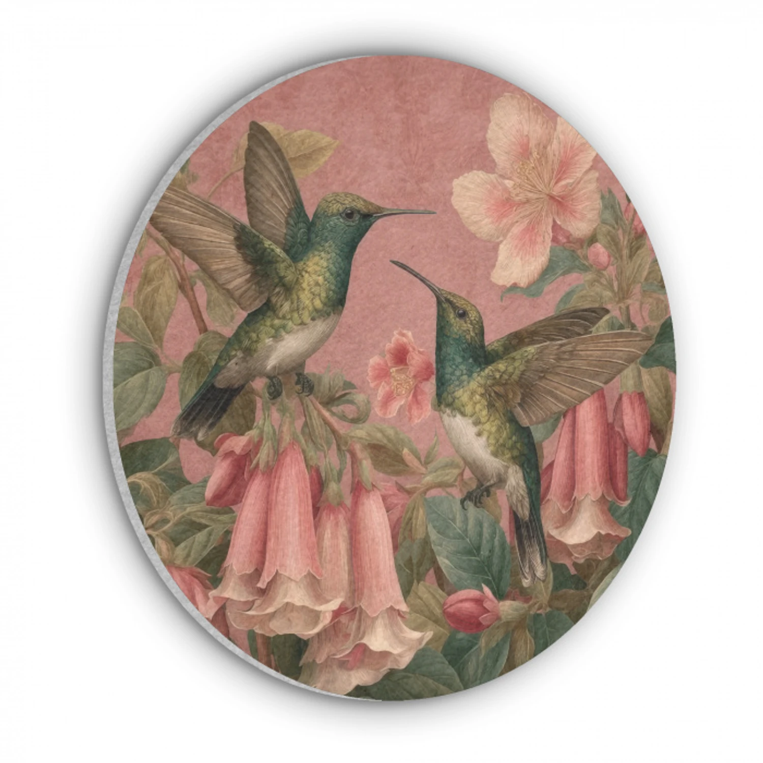Kolibries - Bloemen - Groen - Roze Akoestische PET Vilt - Rond klein -3d