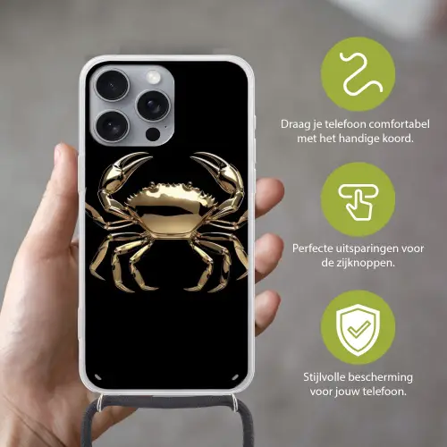 Goud - Krab - Dieren - Zwart Hoesje iPhone 16 Pro Max met koord klein -sfeer2_NL