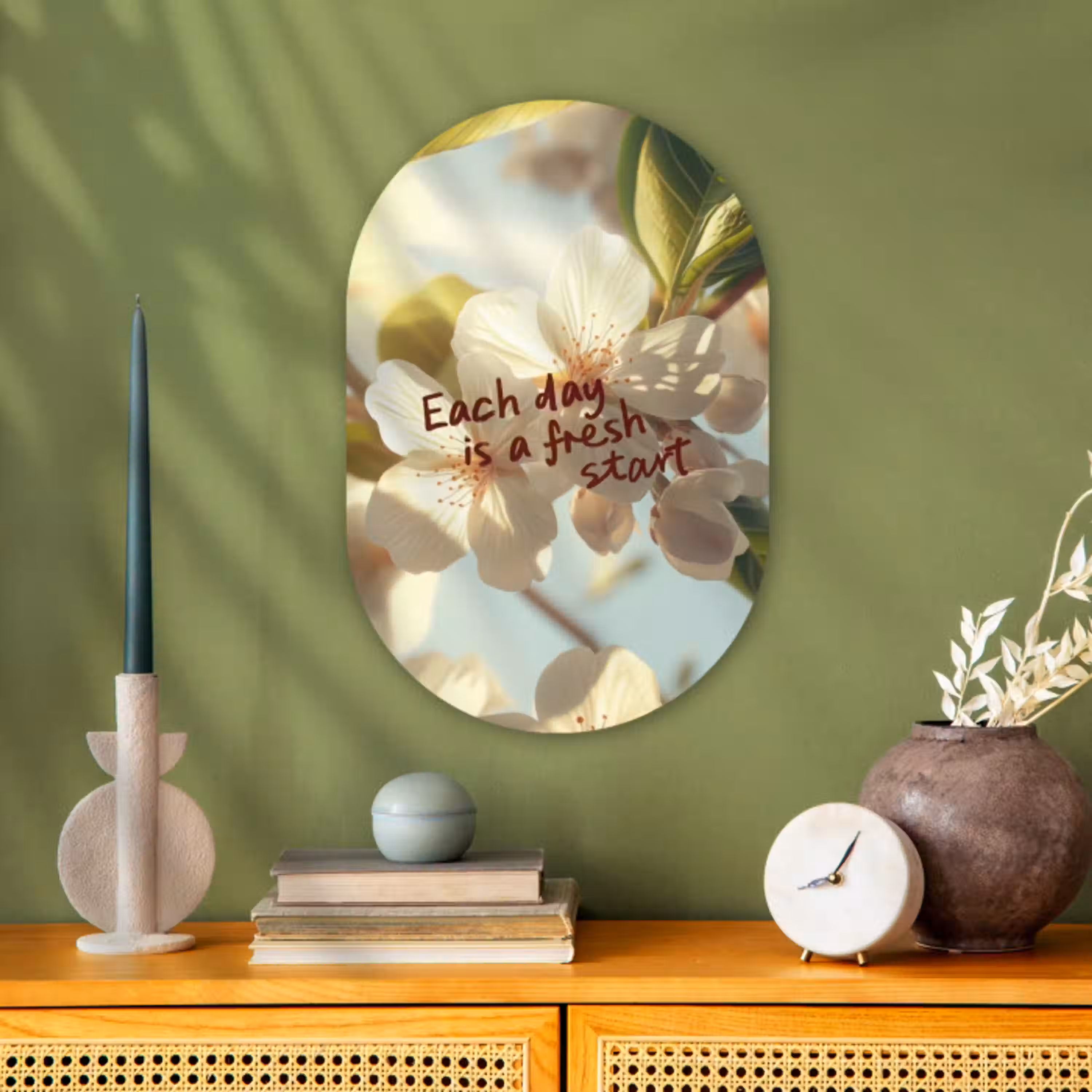 Bloesems - Zonlicht - Quote - Wit Wandcirkel Ovaal Forex klein -sfeer2