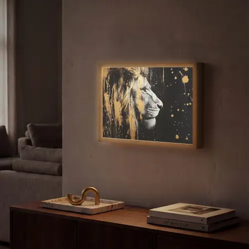 Portret - Leeuw - Abstract - Goud Light Box met batterij (Wandlamp) middel -sfeer1