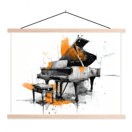 Piano - Oranje - Zwart - schets lijnen textielposter latten blank klein -3d