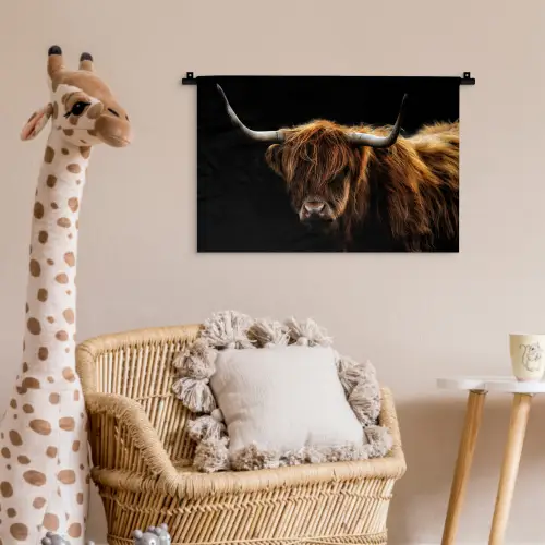 Schotse Hooglander - Horens - Zwart - Dieren - Natuur - Wild - Koe Wandkleed katoen klein -wsfeer5_kind