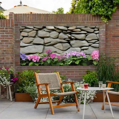 Hortensia’s - Stenen - Muur - Bloemen Tuinposter op houten frame 2 cm dik xxl -sfeer3