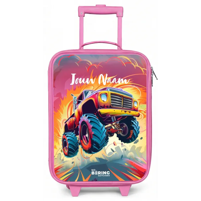 Roze Monstertruck Vliegt over het Asfalt Kinderkoffer - Roze klein -zz3dotto
