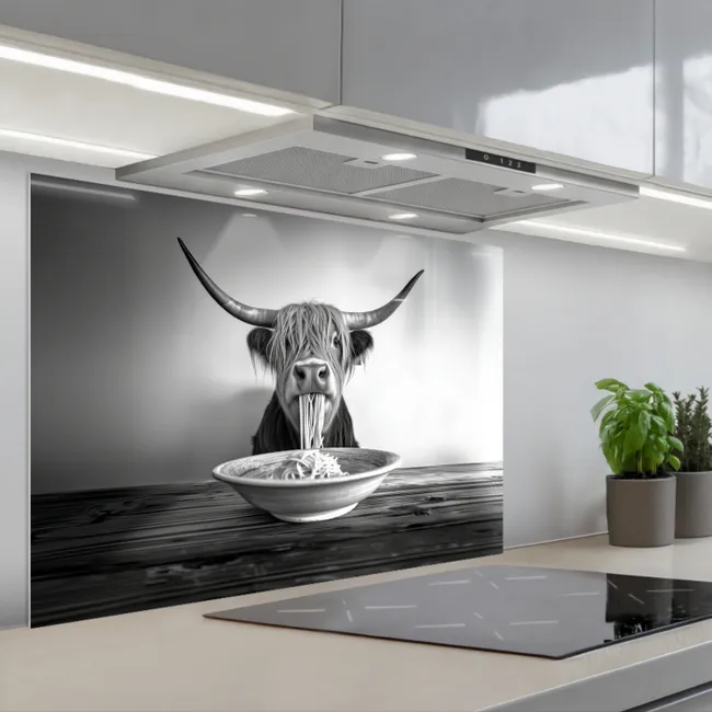 Spatscherm keuken - Schotse Hooglander - Spaghetti - Dieren - Zwart wit
