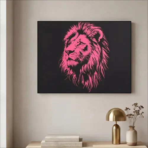 Leeuw - Zwart - Roze - Neon Textielframe zwart klein -sfeer2