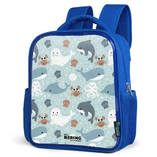 Zeedierenpatroon met dolfijnen, zeehonden en krabben Kinderrugzak - Blauw middel -schuin