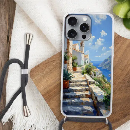 Trap - Huizen - Berglandschap - Zee Hoesje iPhone 16 Pro Max met koord klein -sfeer4