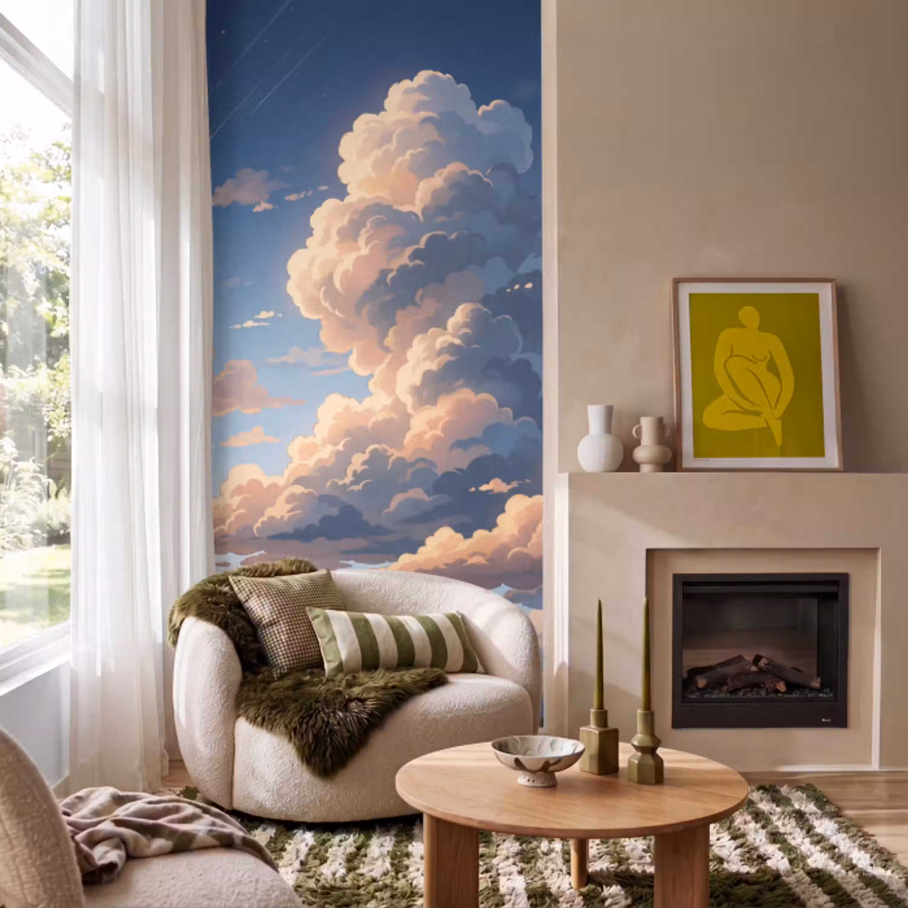 Wolken - Daghemel - Natuur - Illustratie - Oranje Behang Vlies klein -sfeer2