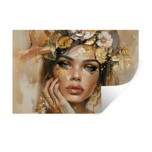 Vrouw - Bloemen  - Goud - Portret Muursticker klein -3d