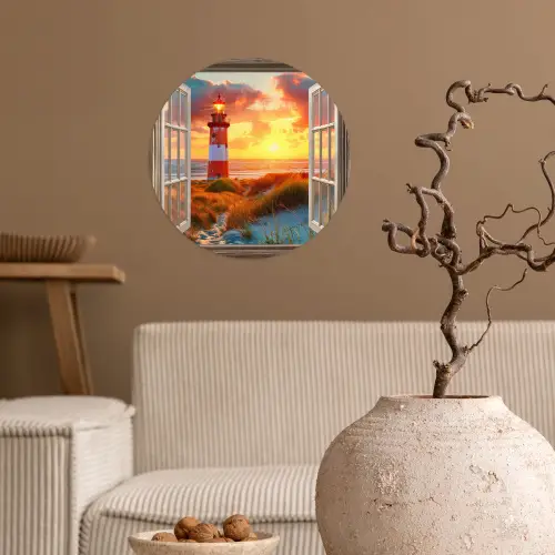 Doorkijk - Raam - Vuurtoren - Zonsondergang - Strand Wandcirkel behangsticker klein -sfeer1
