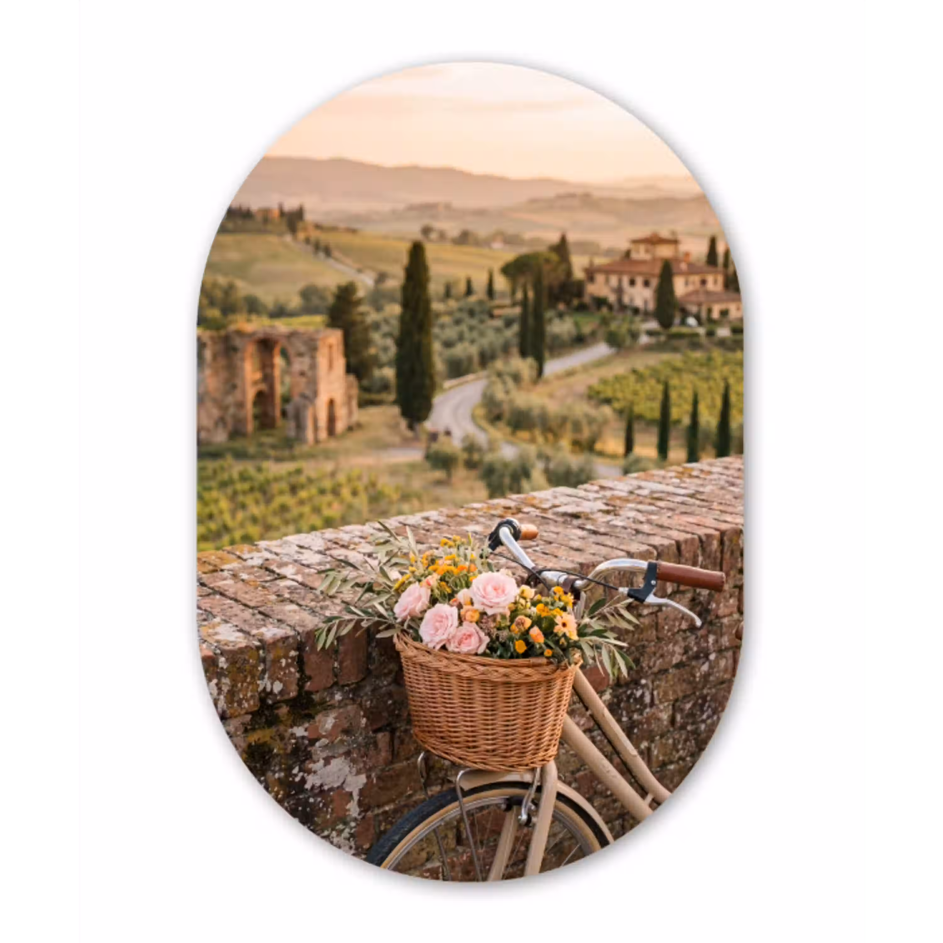 Fiets - Bloemen - Toscane - Landschap - Roze Wandcirkel Ovaal Aluminium middel -3d