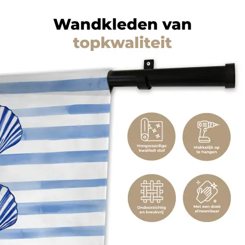 Vier schelpen - Blauw - Wit - Strepen Wandkleed katoen klein -sfeer2