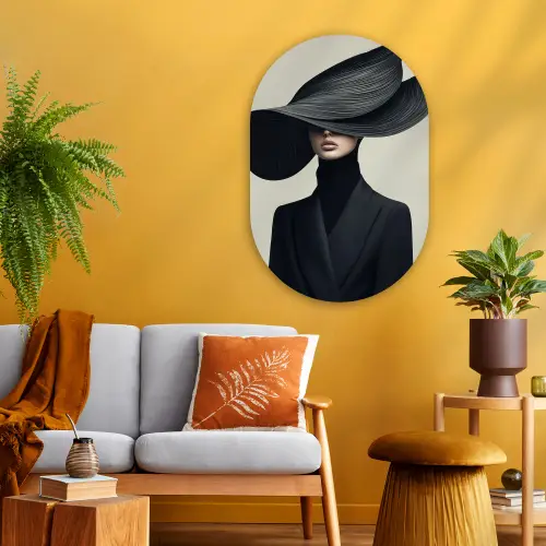 Zwart - Vrouw - Hoed Wandcirkel Ovaal Glas middel -sfeer4