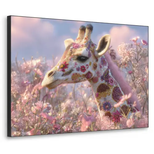 Giraffe - Bloemen - Roze Textielframe zwart klein -3d