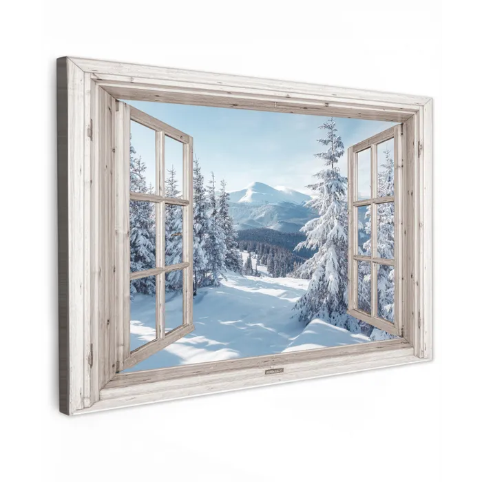 Doorkijk - Winter - Landschap - Natuur - Berg - Bomen - Wit Tuinposter op houten frame 2 cm dik klein -3d
