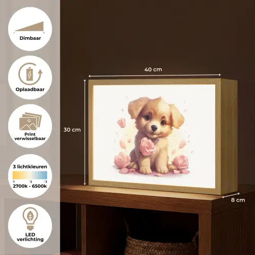 Hond - Bloemen - Roze - Meisjes - Kind Light Box met batterij (Wandlamp kind) middel -USP_websiteoverzichtNL