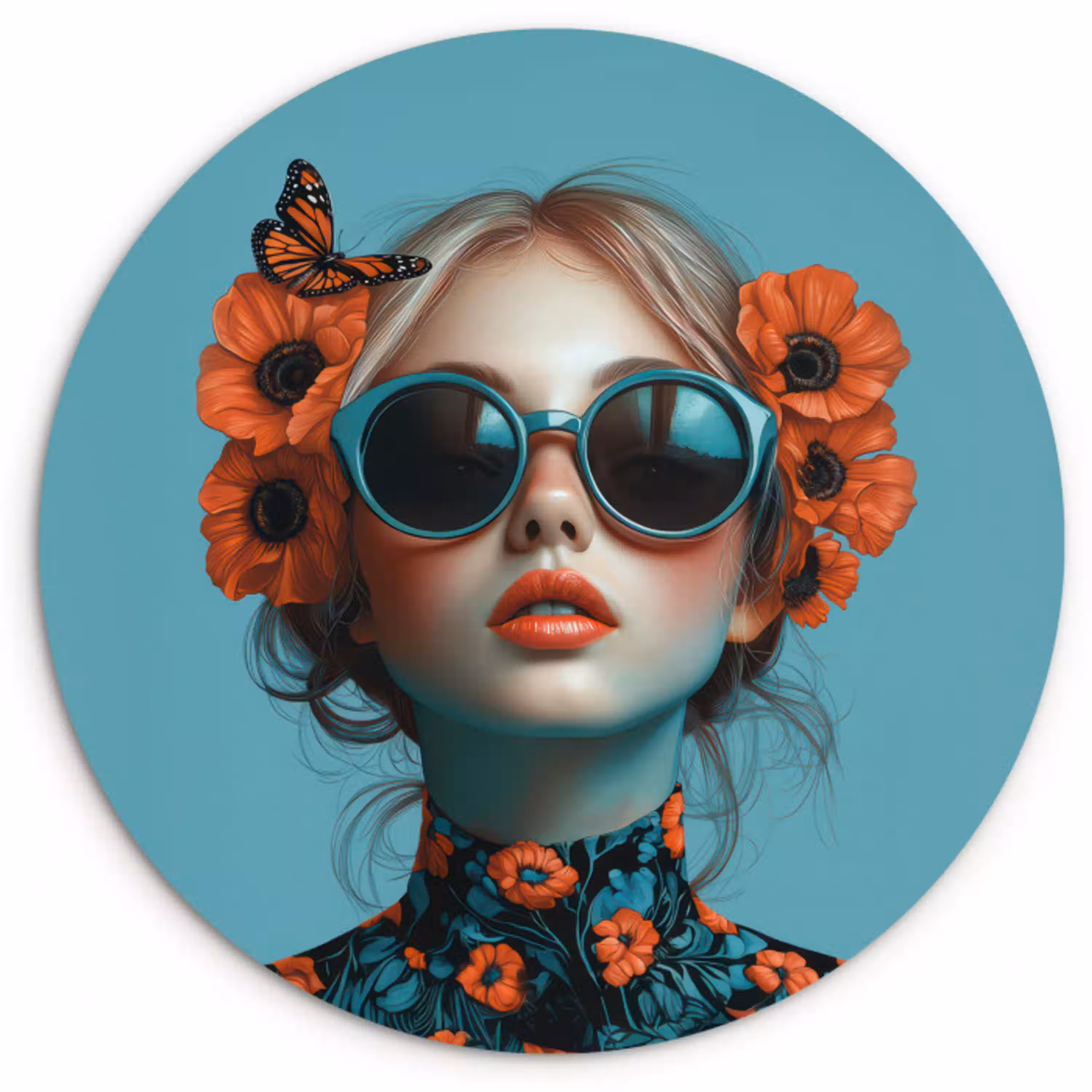 Vrouw - Blauw - Vlinder - Bloemen - Aesthetic Wandcirkel kunststof plaat 5mm dik klein -3d