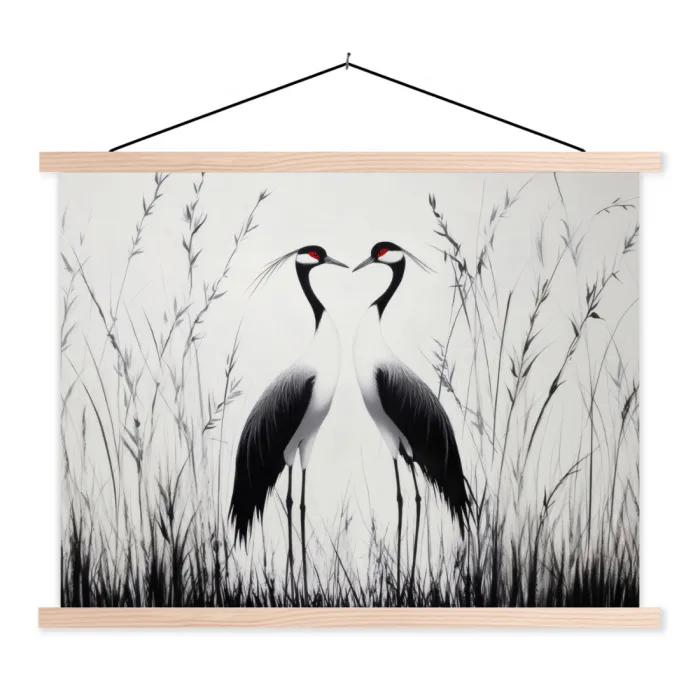 Kraanvogels - Gras - Hartvorm - Zwart textielposter latten blank klein -3d