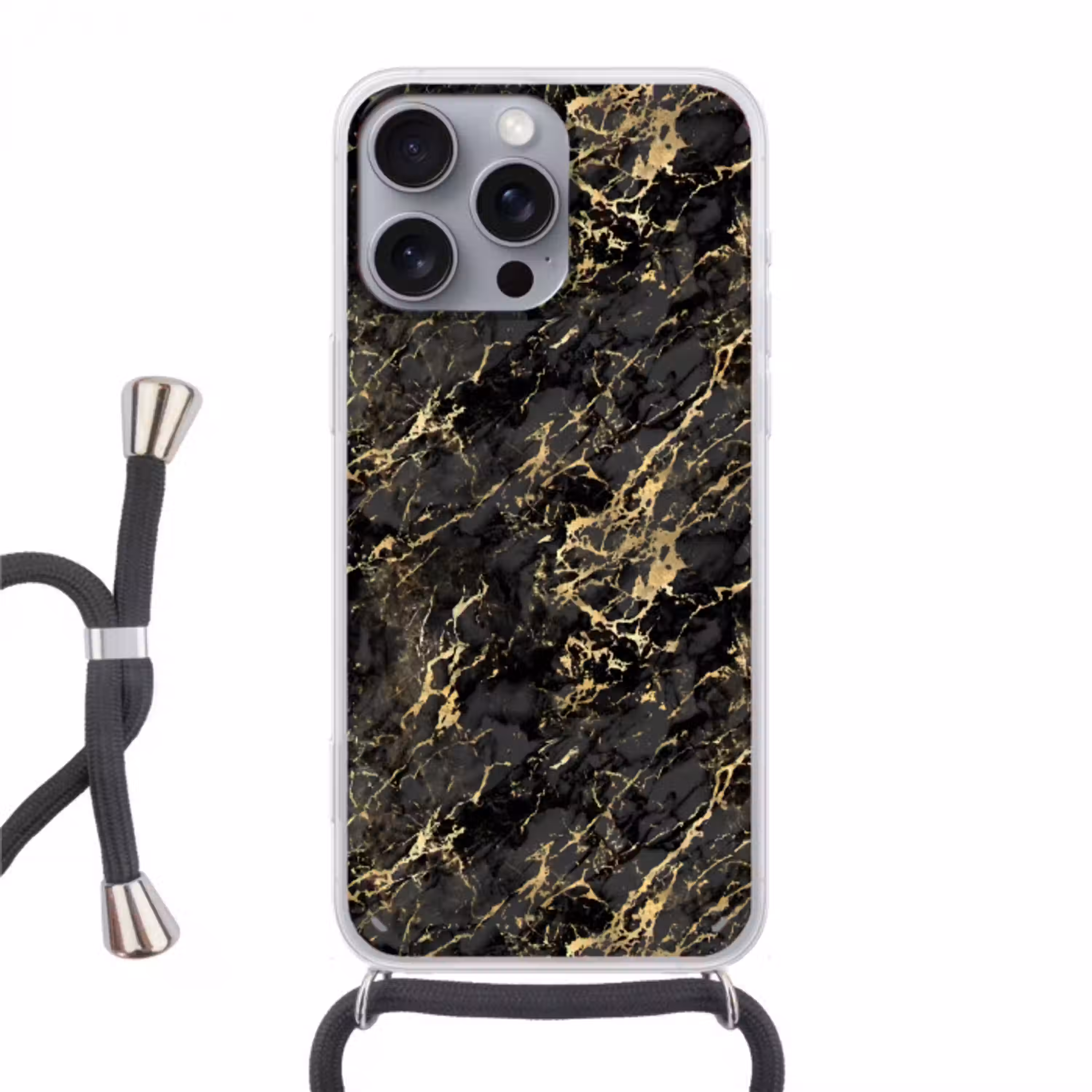 Marmer - Zwart - Goudstructuur Hoesje iPhone 16 Pro Max met koord klein 804 -3d