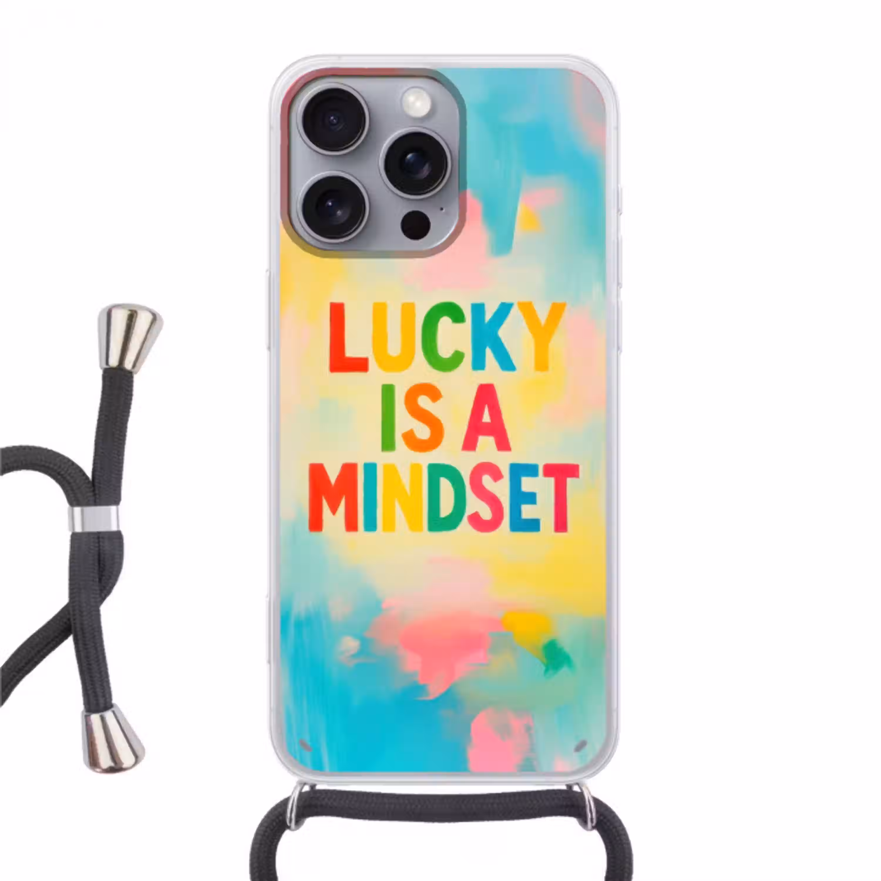 Quote - Lucky - Regenboogkleuren Hoesje iPhone 16 Pro Max met koord klein -3d