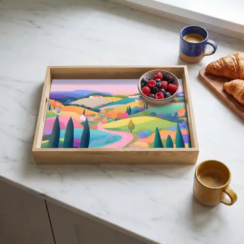 Landschap - Paars - Pastel - Huizen Dienblad Rechthoek middel -sfeer2
